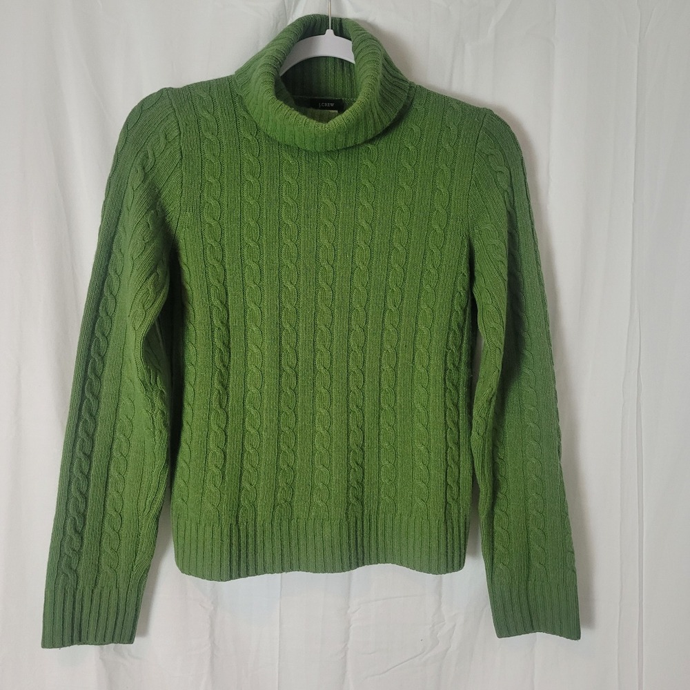 J.Crew Vintage Women S Green Cable Knit Turtleneck Sweater Merino Cashmere Blend